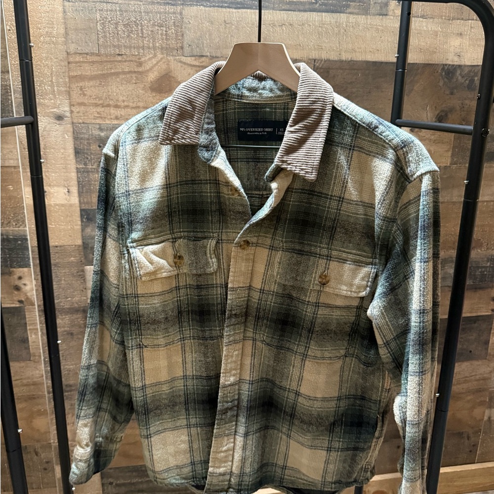Abercrombie & Fitch Green and Tan Plaid Corduroy-Collar Shirt Jacket